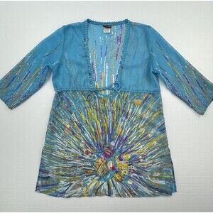 Ingear Sheer Swim Cover Up Tunic Y2K Boho Blue Abstract Beach Kaftan